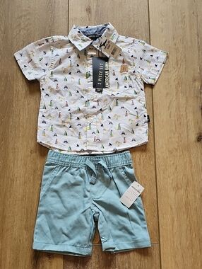 American Hawk White Sailboat Print Button Shirt & Light Blue Shorts Set